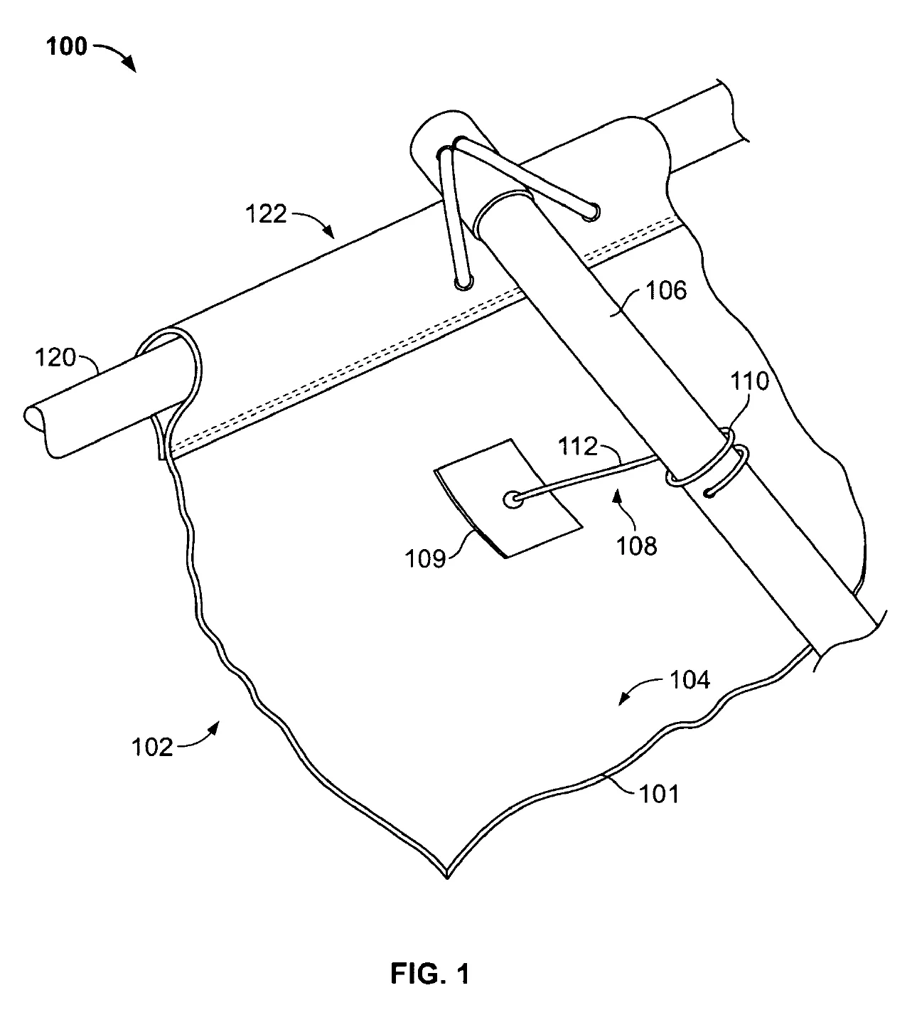 Figure 1 of the patent: perspective view of the top surface of the sail, with brake 108, spring 110 and rod 112 on strut 106. Reproduction of the drawing from US 7,607,615.