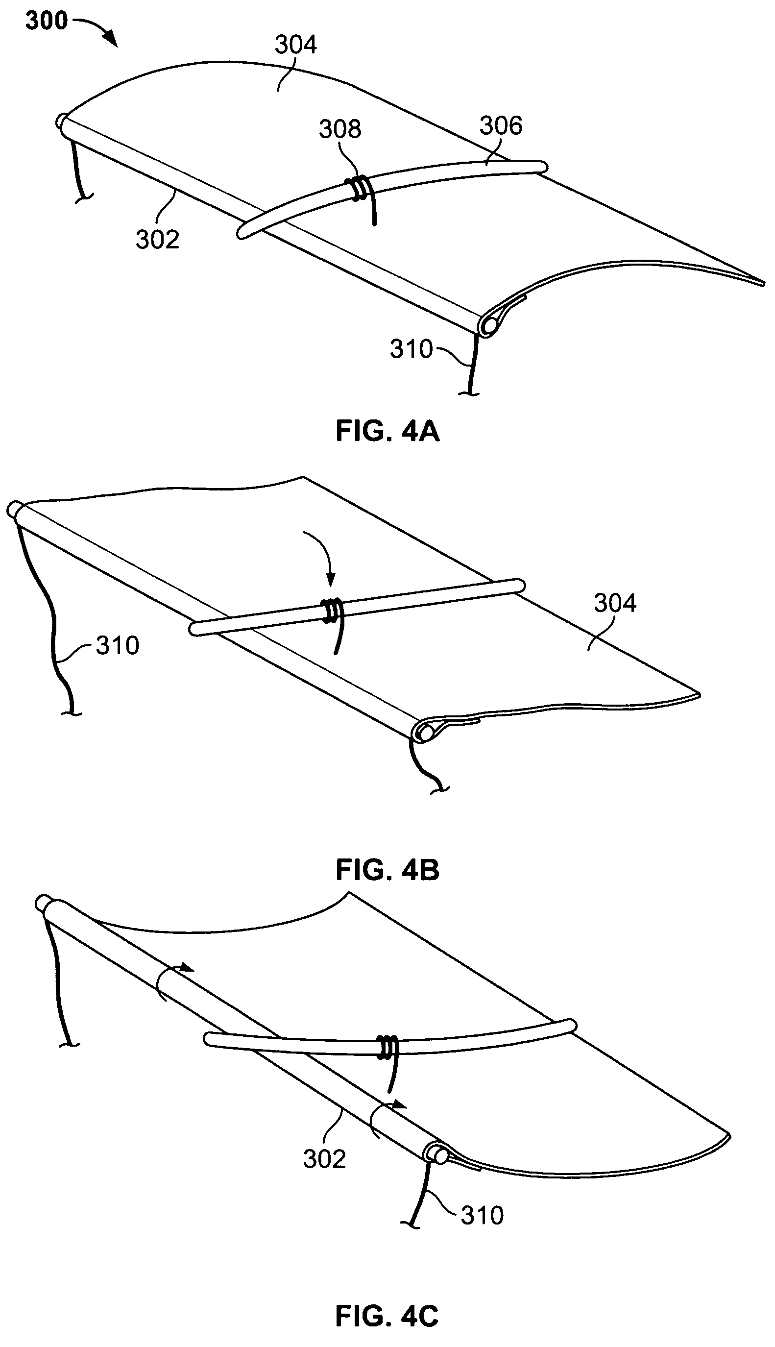 Patent Figure 4: the standoff in three states, detailed below. Reproduction of the drawing from US 7,607,615.