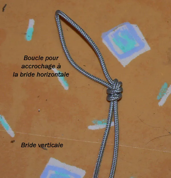 Zoom sur le bridage. En haut, la boucle pour arrochage à la bride horizontale. En bas, la bride verticale.