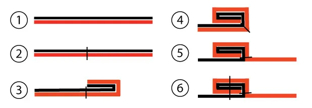 The 6 sewing steps; the mesh is in red and the voile in black