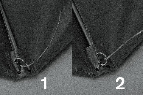 Two half hitches in the y-line at the stern of the kite.